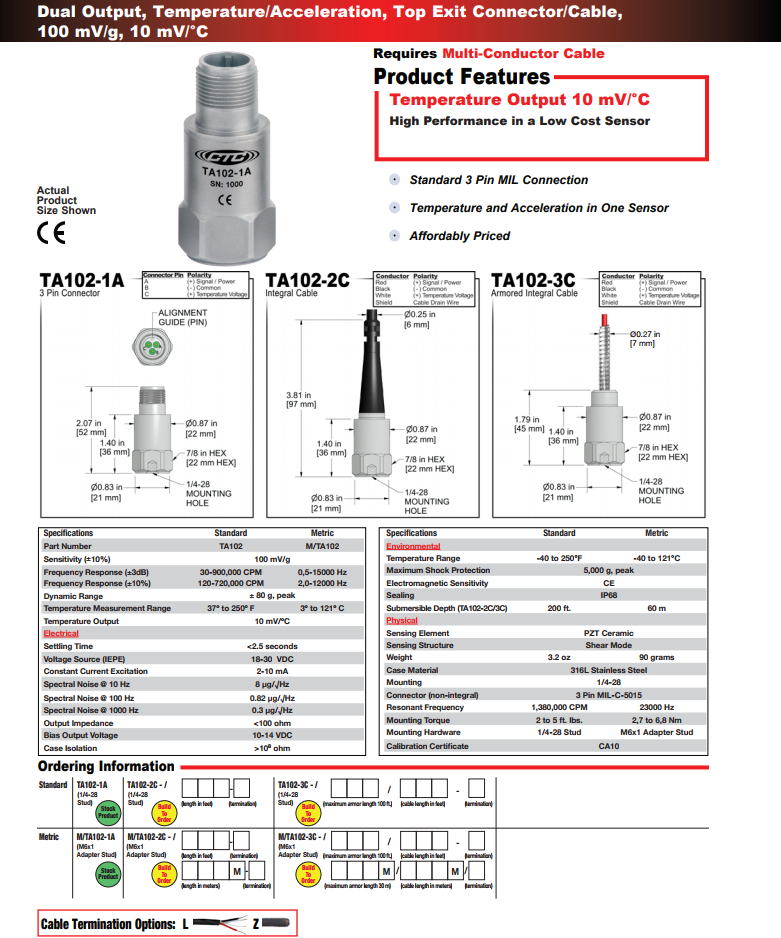 CTC 雙輸出，溫度/加速度振動(dòng)傳感器TA102 